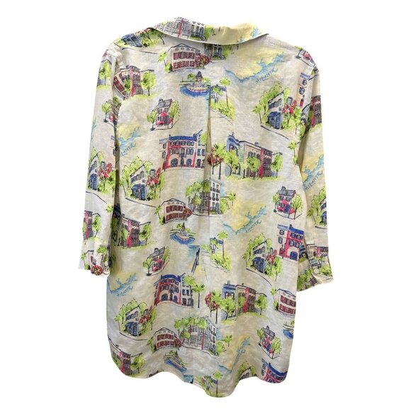Chicos Womens ButtonShirt Size 2 (L) Linen Scenic Print 3/4 Sleeves Lightweight - Picture 3 of 6